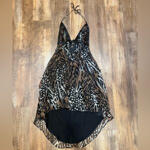 Hi Low Marciano Brown and Black Print Halter Dress, 100% silk, medium